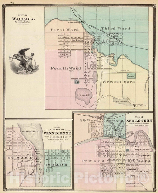 Historic Map : 1878 City of Waupaca, Village of Winneconne, City of New London. - Vintage Wall Art