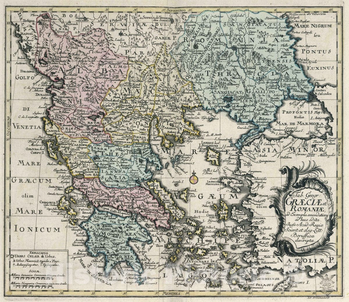 Historic Map : Greece, , Europe 1753 Tabula Geographica Graeciae et Romaniae , Vintage Wall Art