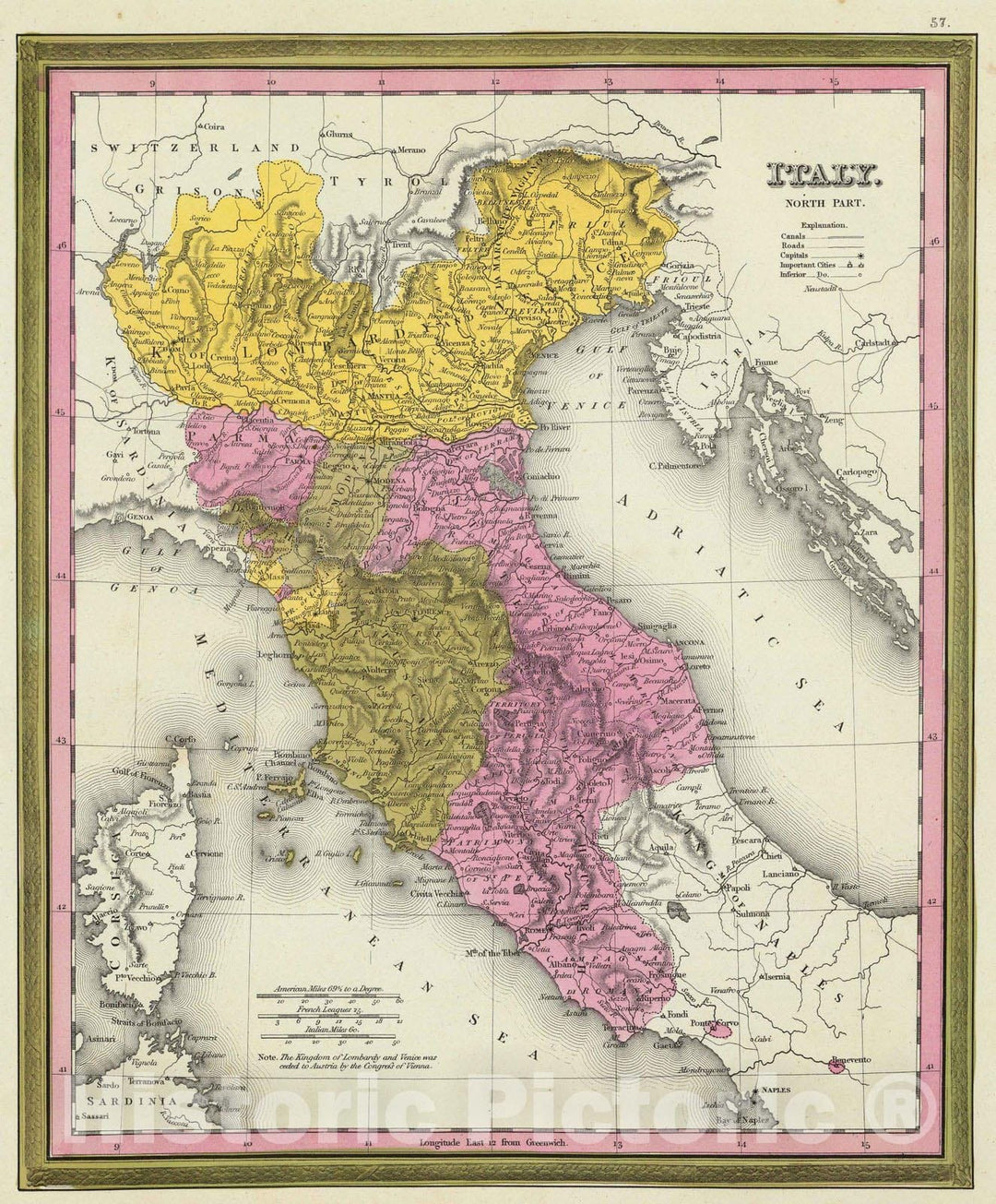 Historic Map : 1846 Italy. North Part. - Vintage Wall Art