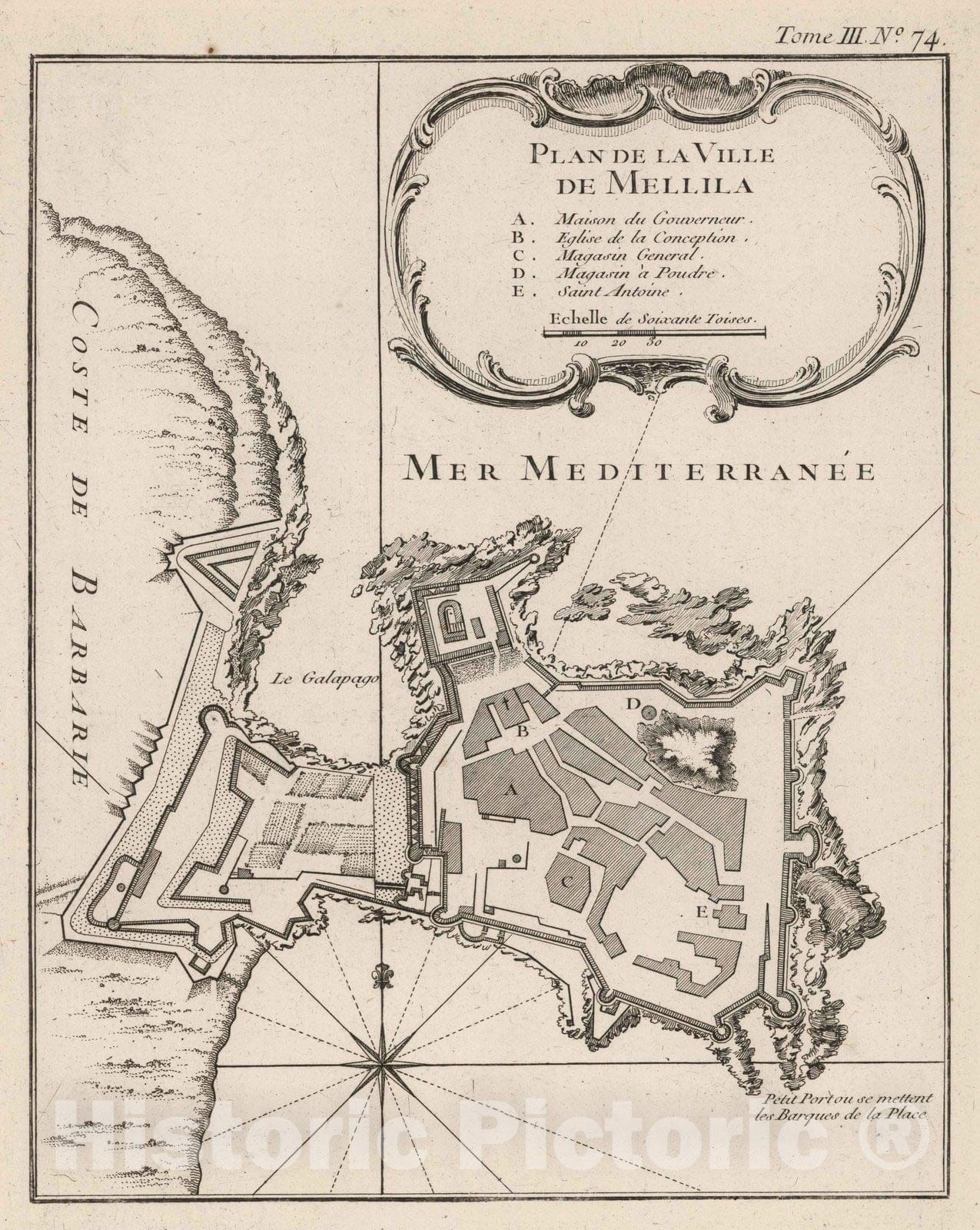 Historic Map : Morocco; Spain, , Africa 1764 Plan de la Ville de Mellila , Vintage Wall Art