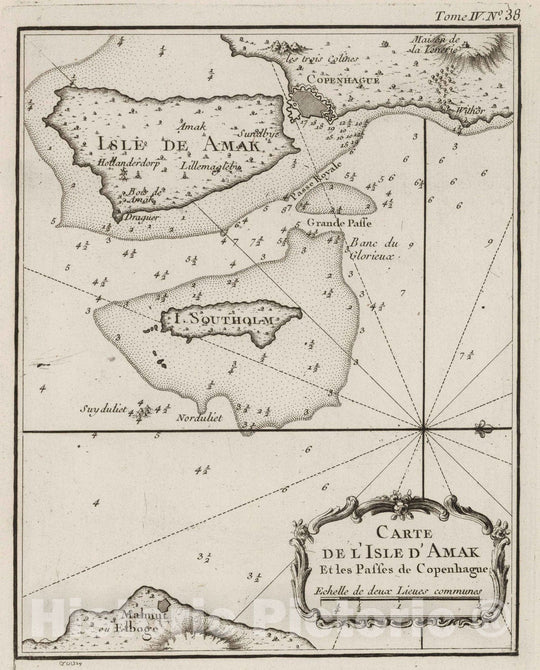 Historic Map : Denmark , Copenhagen (Denmark), Europe 1764 Carte de l'Isle d'Amak Et les Passes de Copenhague , Vintage Wall Art