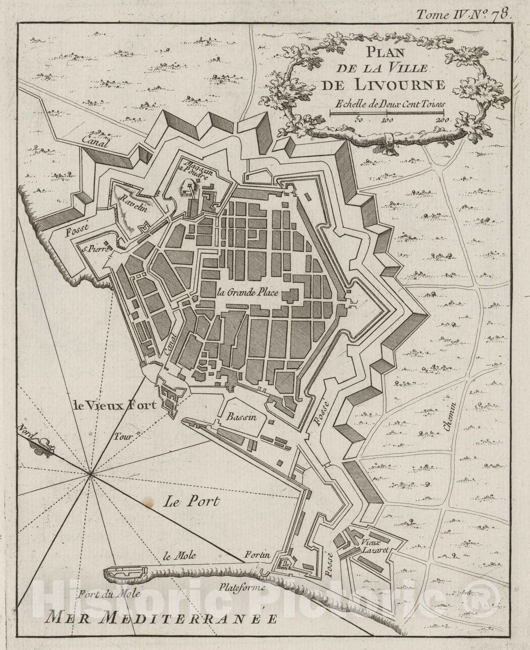 Historic Map : Italy, , Europe 1764 Plan de la Ville de Livourne , Vintage Wall Art