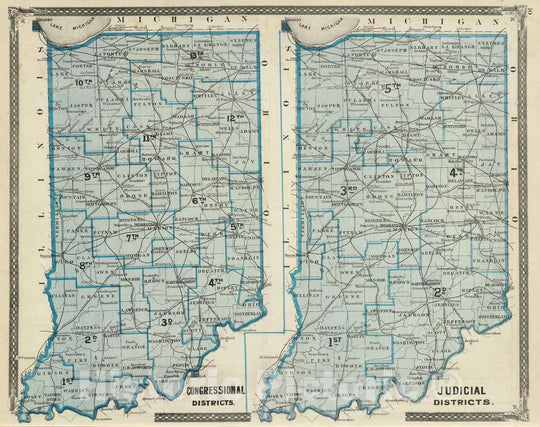 Historic Map : 1876 Congressional districts. Judicial districts (Indiana) - Vintage Wall Art