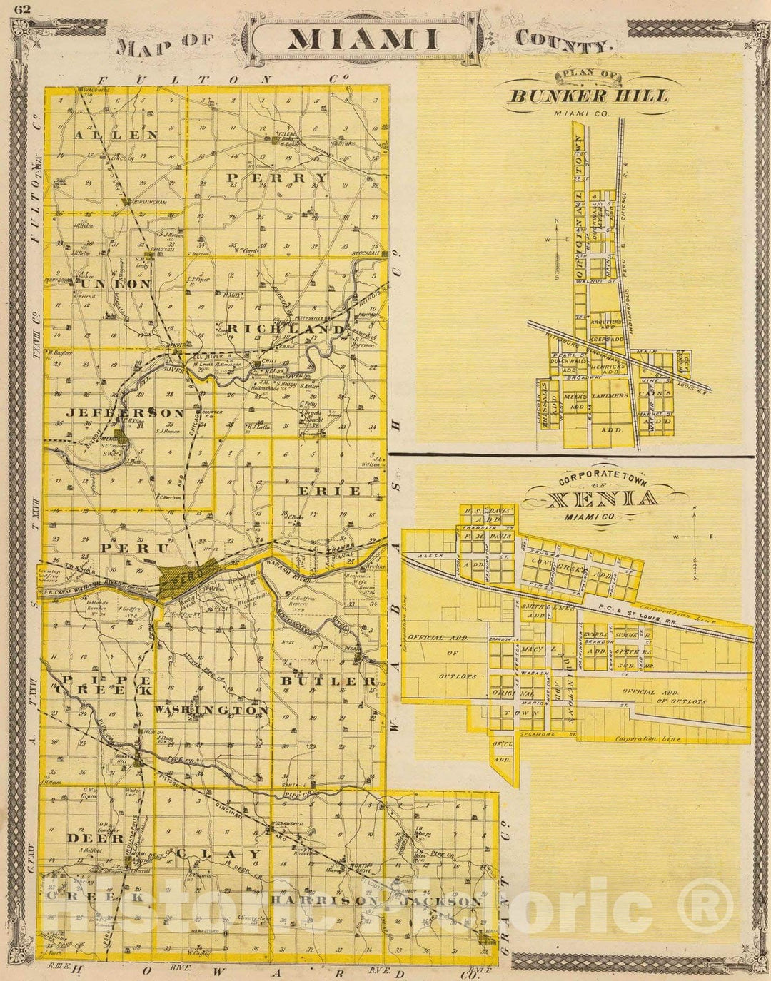 Historic Map : 1876 Map of Miami County (with) Plan of Bunker Hill (and) Xenia. - Vintage Wall Art