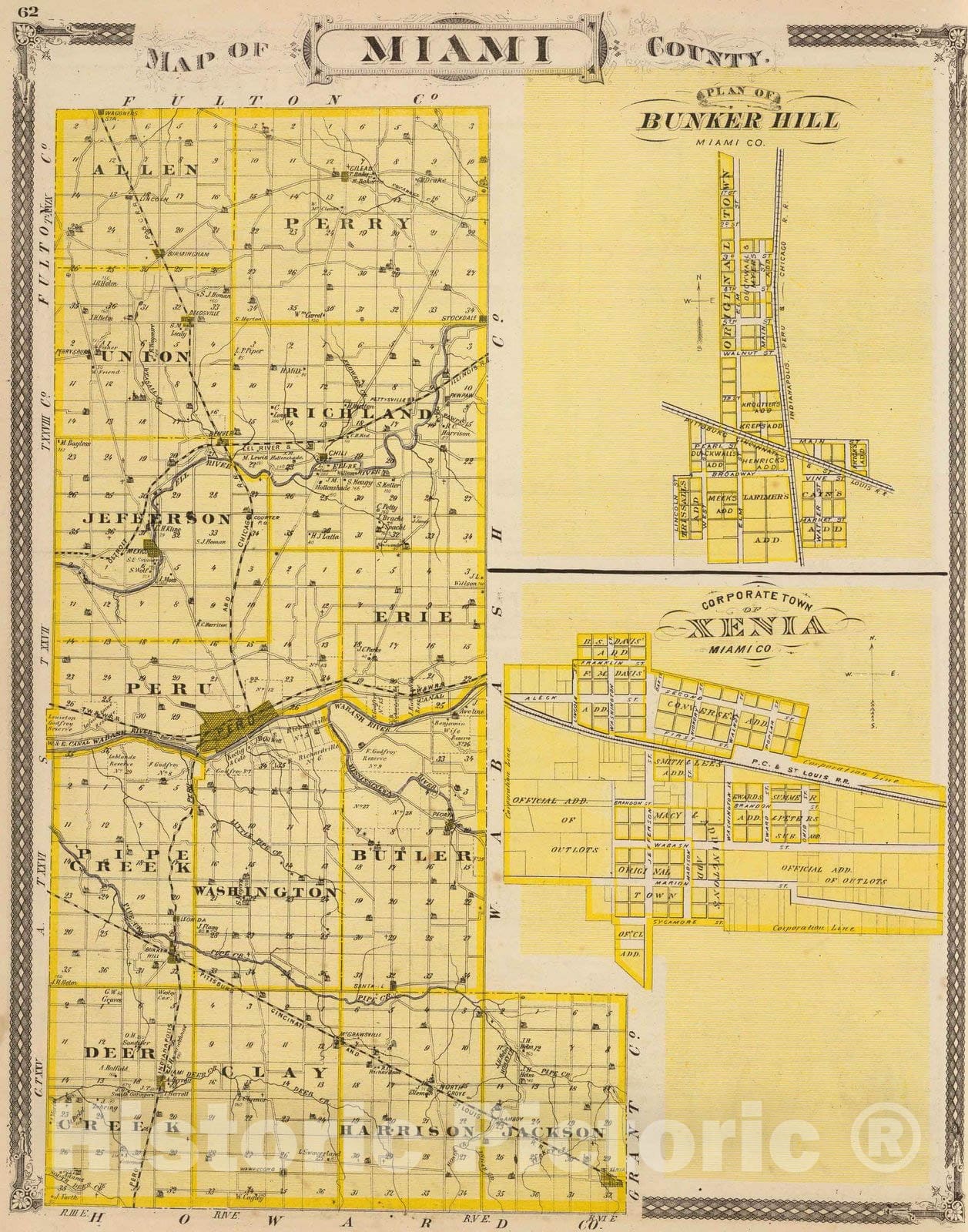 Historic Map : 1876 Map of Miami County (with) Plan of Bunker Hill (and) Xenia. - Vintage Wall Art