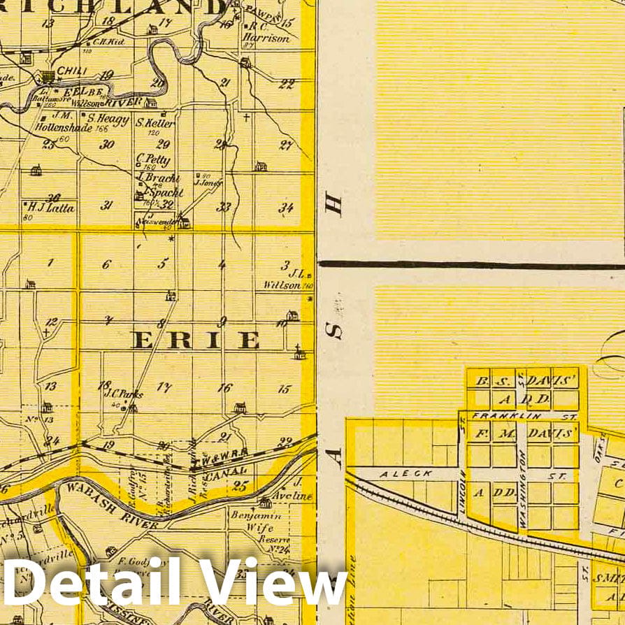 Historic Map : 1876 Map of Miami County (with) Plan of Bunker Hill (and) Xenia. - Vintage Wall Art