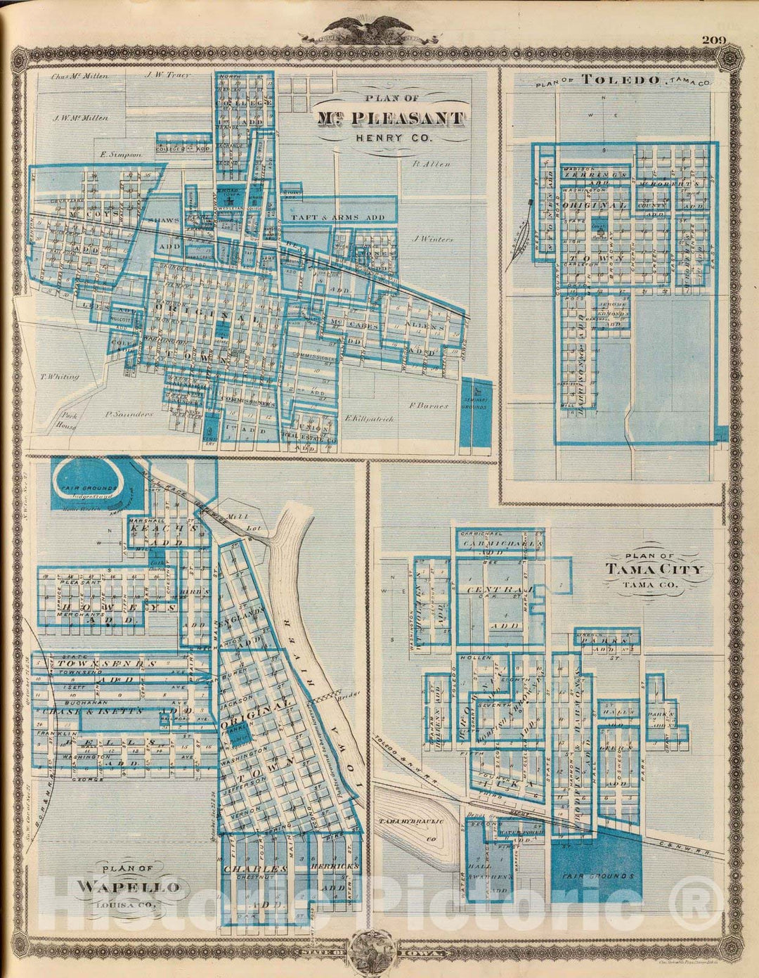 Historic Map : 1875 Plans of Mt. Plessant, Toledo, Wapello and Tama City, State of Iowa. - Vintage Wall Art