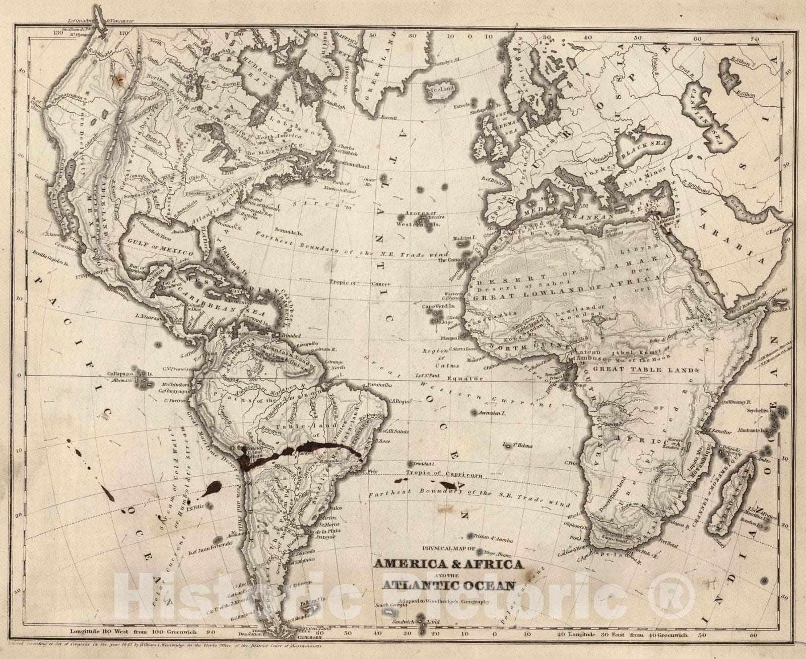 Historic Map : School Atlas - 1849 Physical Map Of America & Africa And the Atlantic Ocean - Vintage Wall Art