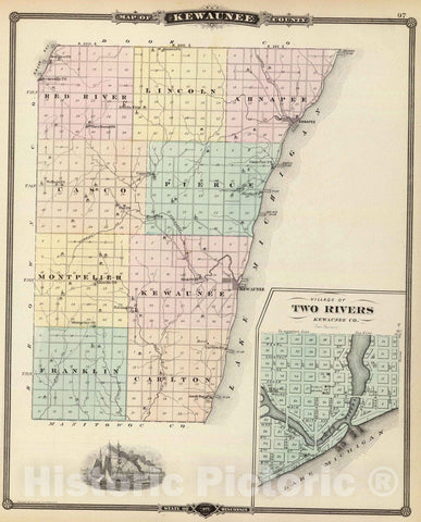 Historic Map : 1878 Map of Kewaunee County, State of Wisconsin and Two Rivers. - Vintage Wall Art