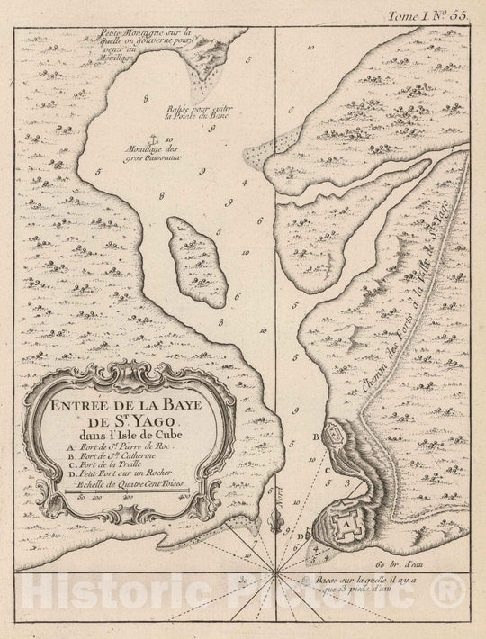 Historic Map : Santiago (Cuba), 1764 Entree de la baye de St Yago dans I'isle de Cube. , Vintage Wall Art