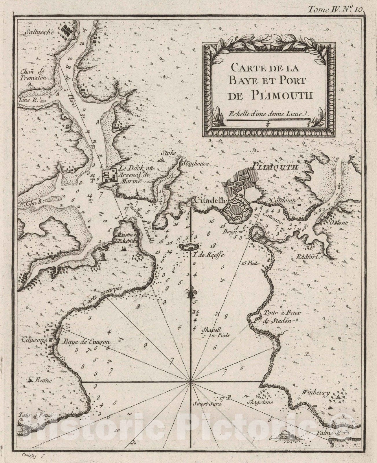 Historic Map : England, , Europe 1764 Carte de la Baye et Port de Plimouth , Vintage Wall Art