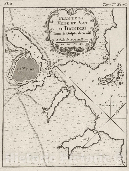 Historic Wall Map : Italy , Brindisi (Italy), 1764 Plan de la ville et port de Brindisi, dans le golphe de Venise. , Vintage Wall Art