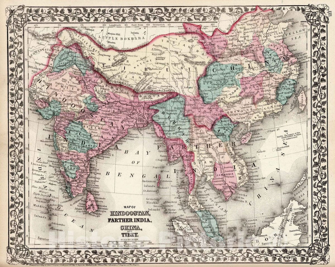 Historic Map : 1877 Map of Hindoostan, Farther India, China, and Tibet - Vintage Wall Art