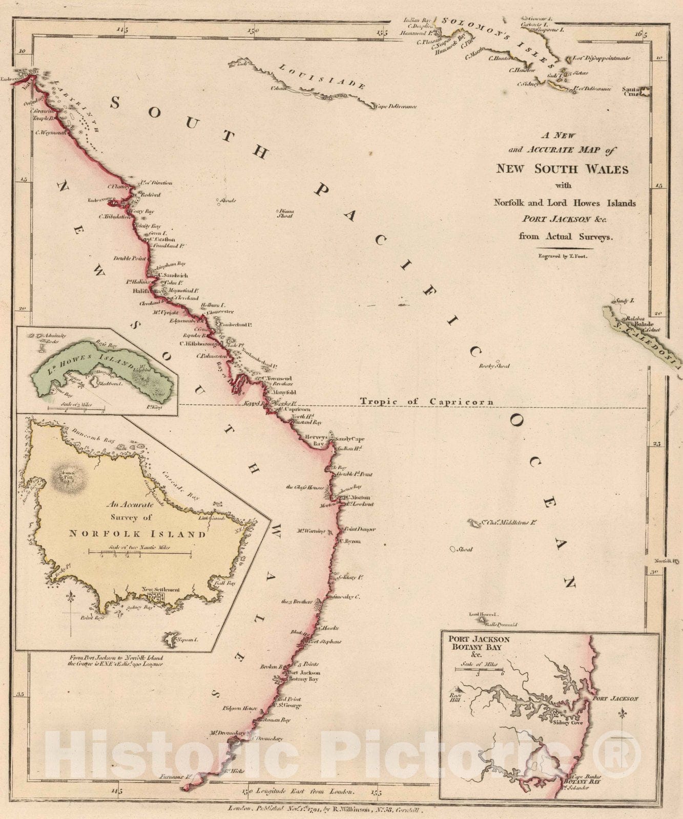 Historic Map : 1794 A New Accurate Map of New South Wales with Norfolk and Lord Howes Islands Port Jackson, c. - Vintage Wall Art