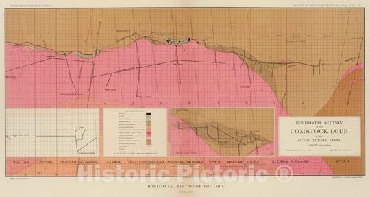 Historic Map : Geologic Atlas - 1882 Horizontal Section of the Comstock Lode at the Sutro Tunnel Level (North End). - Vintage Wall Art