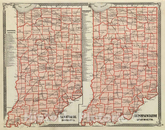 Historic Map : 1876 Senatorial districts. Representative districts (Indiana) - Vintage Wall Art