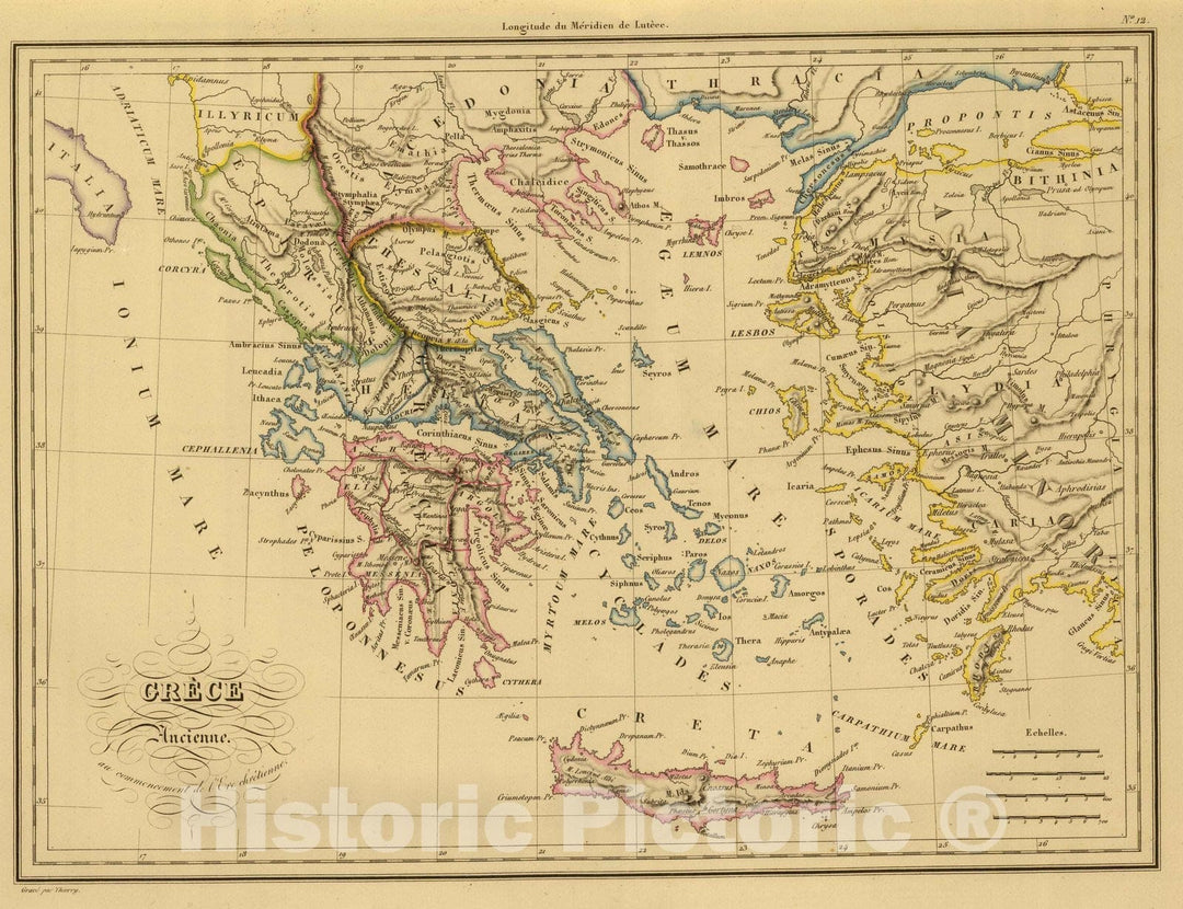 Historic Wall Map : Greece; Crete, Near East 1837 Grece Ancienne au Commencement de l'Ere Chretienne. , Vintage Wall Art