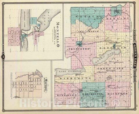 Historic Map : 1878 Map of Green Lake County, State of Wisconsin and Montello and Oxford. - Vintage Wall Art
