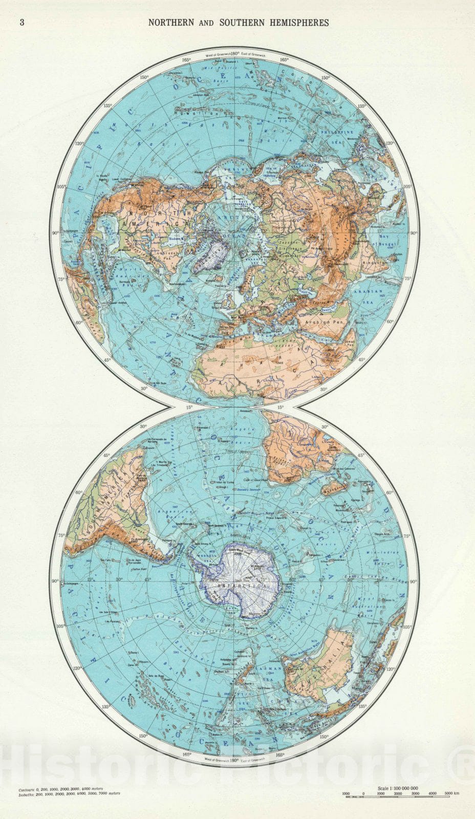 Historic Map : 1967 3. Northern and Southern Hemispheres. The World Atlas. - Vintage Wall Art