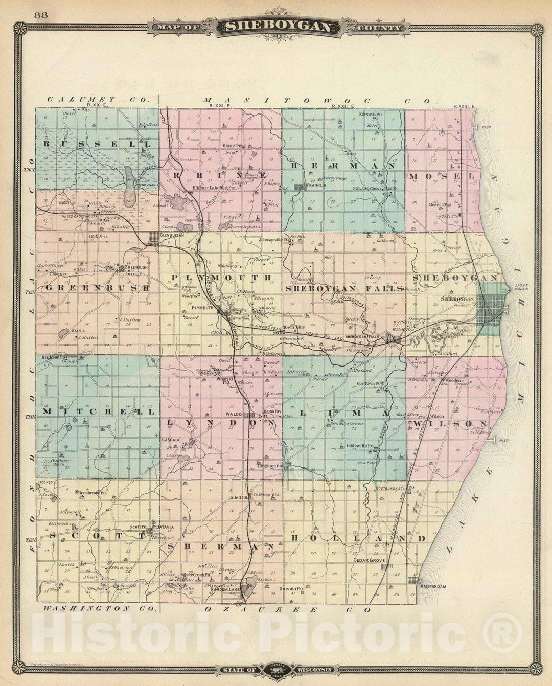 Historic Map : 1878 Map of Sheboygan County, State of Wisconsin. - Vintage Wall Art