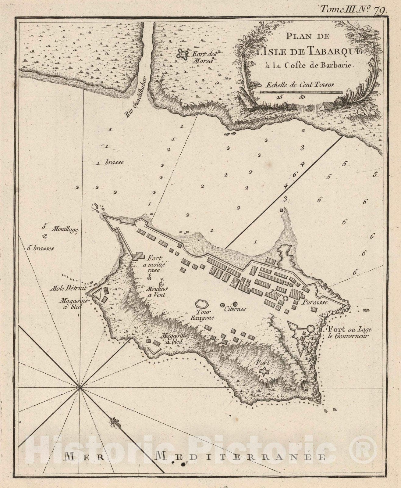 Historic Map : Mediterranean Sea, Africa 1764 Plan de l'isle de Tabarque ?la coste de Barbarie , Vintage Wall Art