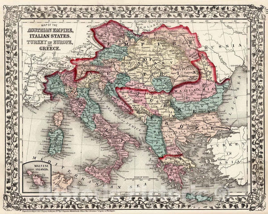 Historic Map : 1877 Map of Austrian Empire, Italian States. Turkey in Europe, and Greece - Vintage Wall Art