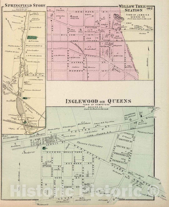 Historic Wall Map : 1873 Springfield Store, Willow Tree Station, Town of Jamaica. Inglewood or Queens, Town of Hempstead Long Island. - Vintage Wall Art