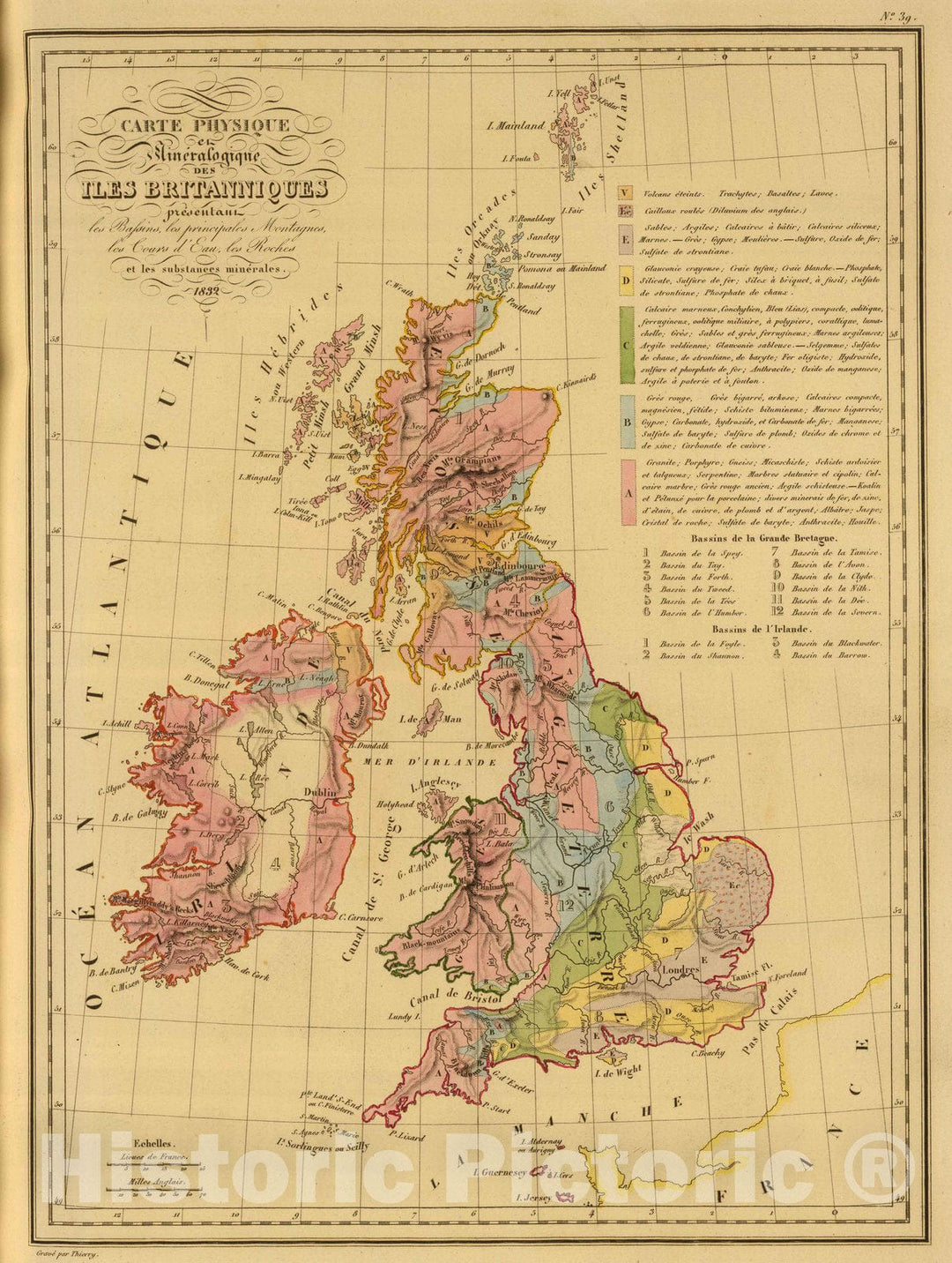 Historic Map : England; Ireland, 1837 Carte Physique et Mineralogique des Isles Britanniques , Vintage Wall Art