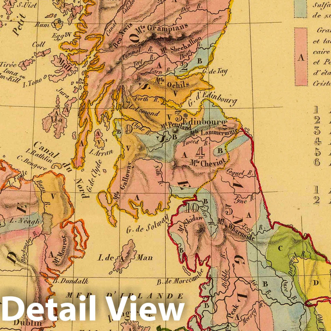 Historic Map : England; Ireland, 1837 Carte Physique et Mineralogique des Isles Britanniques , Vintage Wall Art