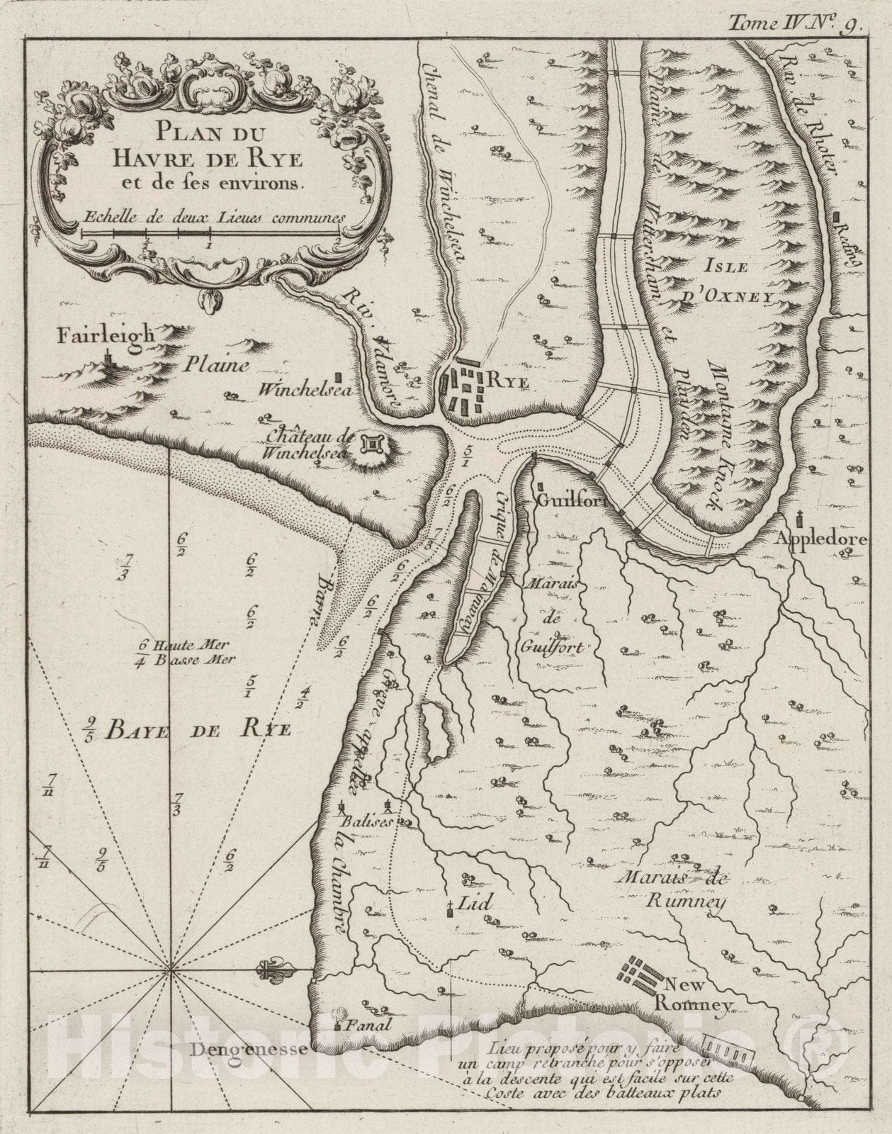 Historic Map : England, , Europe 1764 Plan du havre de Rye et de ses Environs , Vintage Wall Art