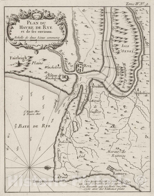 Historic Map : England, , Europe 1764 Plan du havre de Rye et de ses Environs , Vintage Wall Art