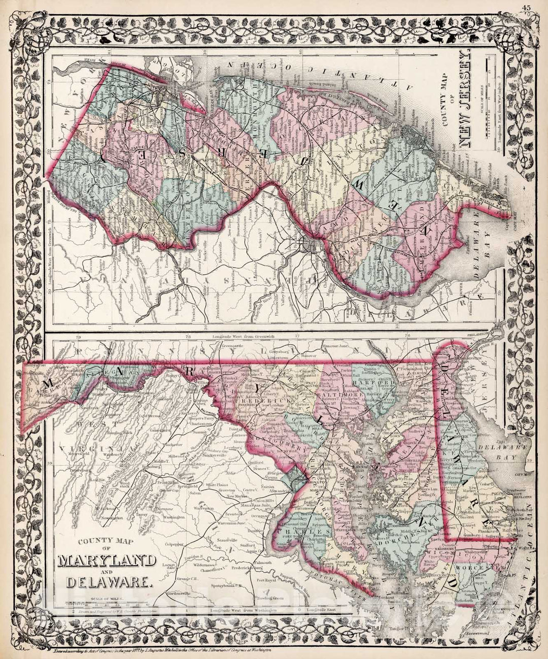 Historic Map - World Atlas - 1877 County map of New Jersey. County map of Maryland and Delaware - Vintage Wall Art