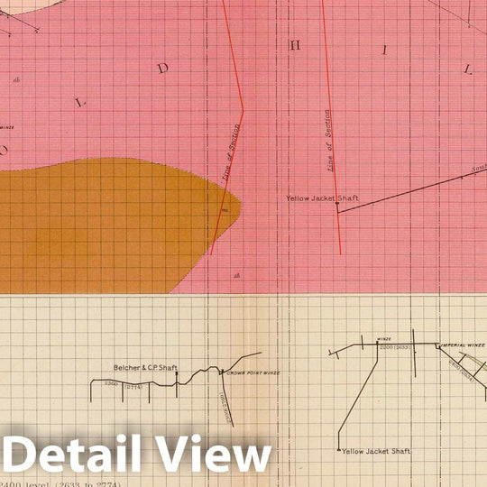 Historic Map : Geologic Atlas - 1882 Horizontal Section of the Comstock Lode at the Sutro Tunnel Level (South End). - Vintage Wall Art