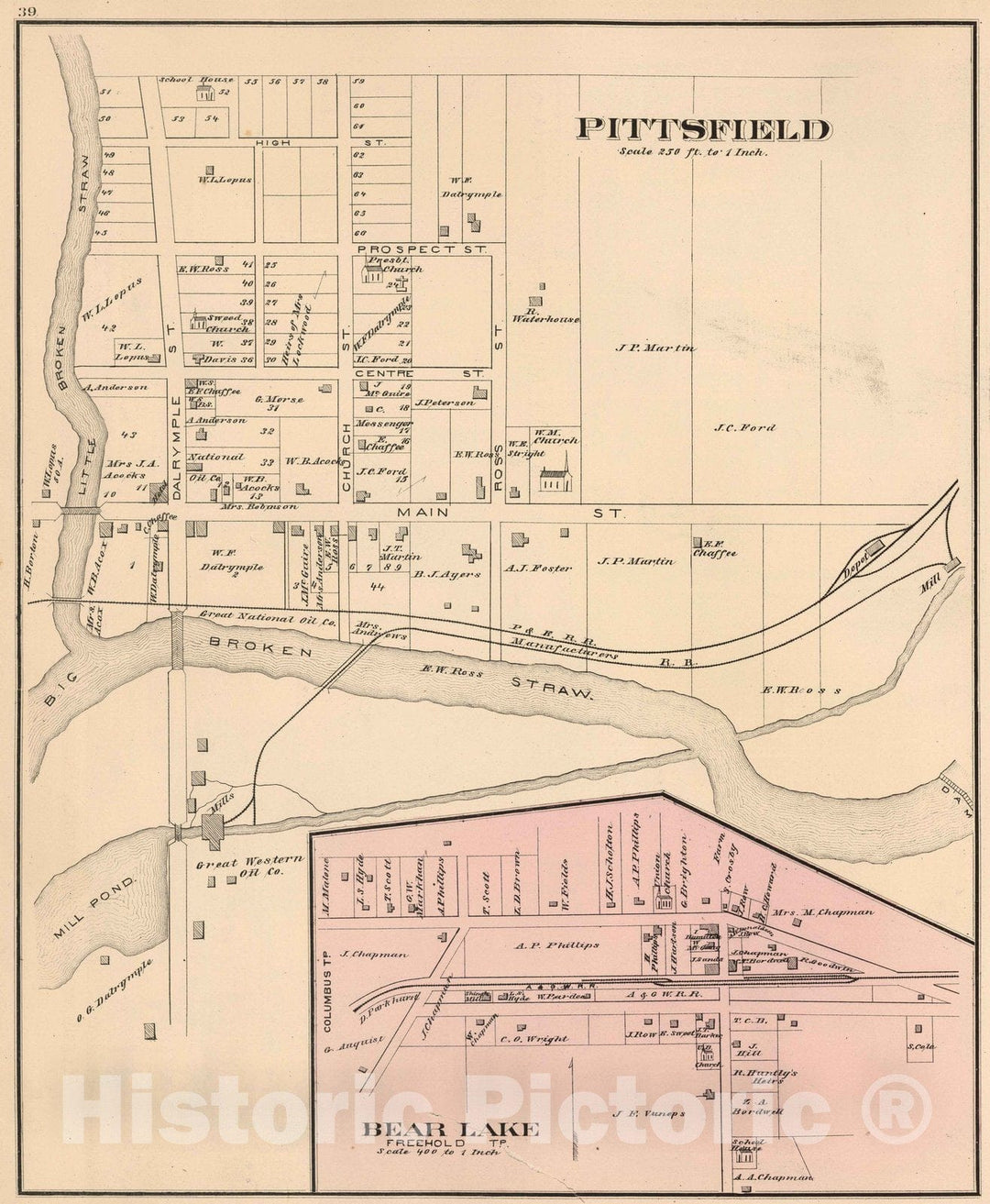 Historic Map : 1878 Pittsfield, Warren County, Pennsylvania. Bear Lake. - Vintage Wall Art