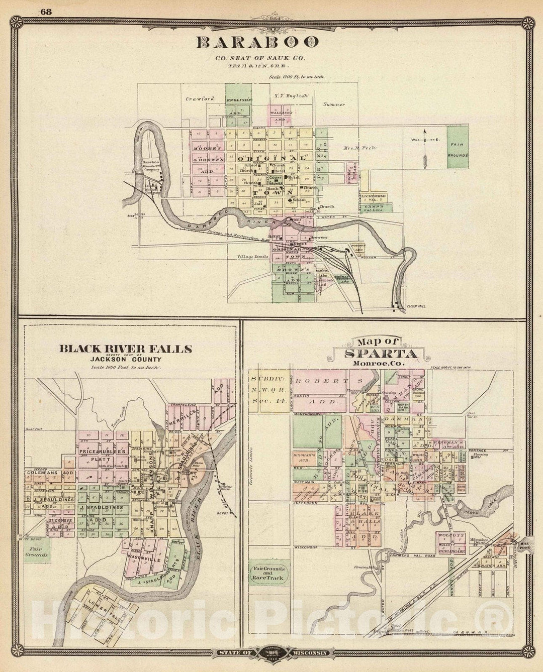 Historic Map : 1878 Baraboo, Black River Falls and Sparta. - Vintage Wall Art