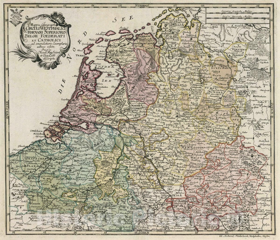 Historic Map : Netherlands, Westphalia (Germany), Europe 1753 Mappa geograph. circuli Westphalici, Rhenani superioris, Belgii Foederati et catholici , Vintage Wall Art