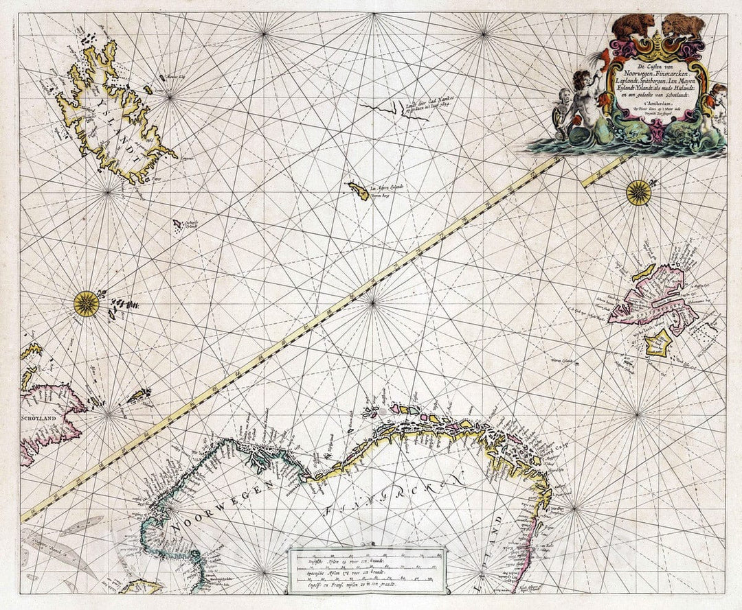 Historic Wall Map : Iceland, Svalbard 1667 De Custen van Noorwegen, Finmarcken, Laplandt, Spitsbergen, Ian Mayen Eylandt, Yslandt, als mede Hitlandt. , Vintage Wall Art