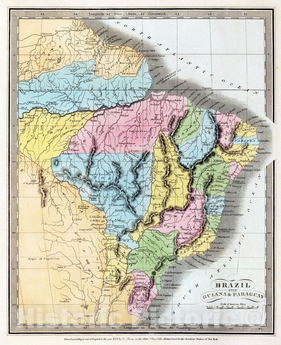 Historic Map : 1835 Brazil With Guiana & Paraguay. - Vintage Wall Art