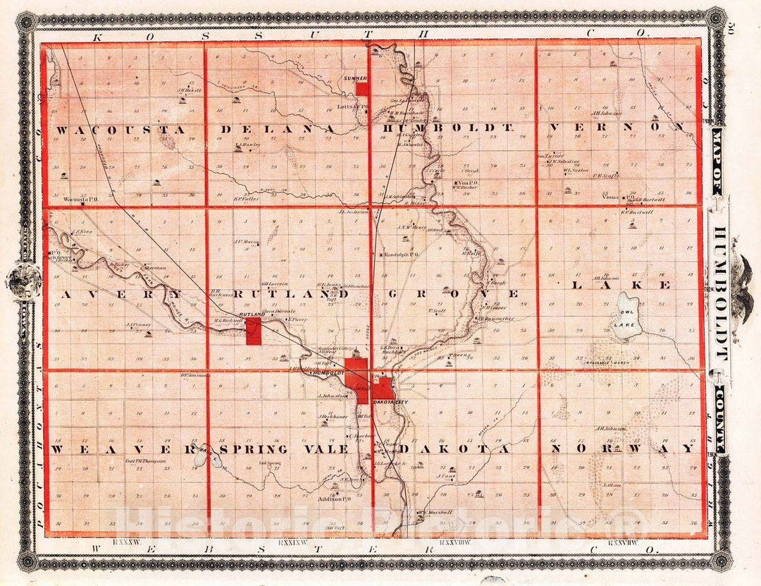 Historic Map : 1875 Map of Humboldt County, State of Iowa. - Vintage Wall Art