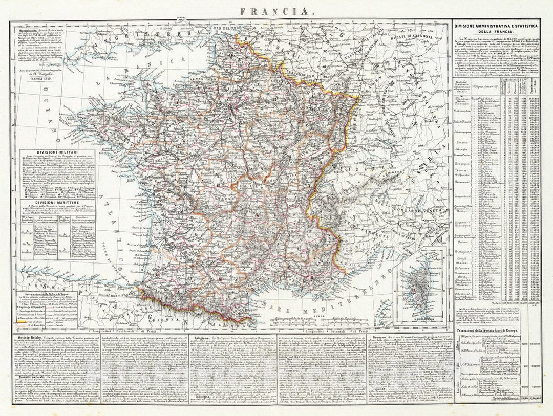 Historic Map : France, 1849 Francia. , Vintage Wall Art