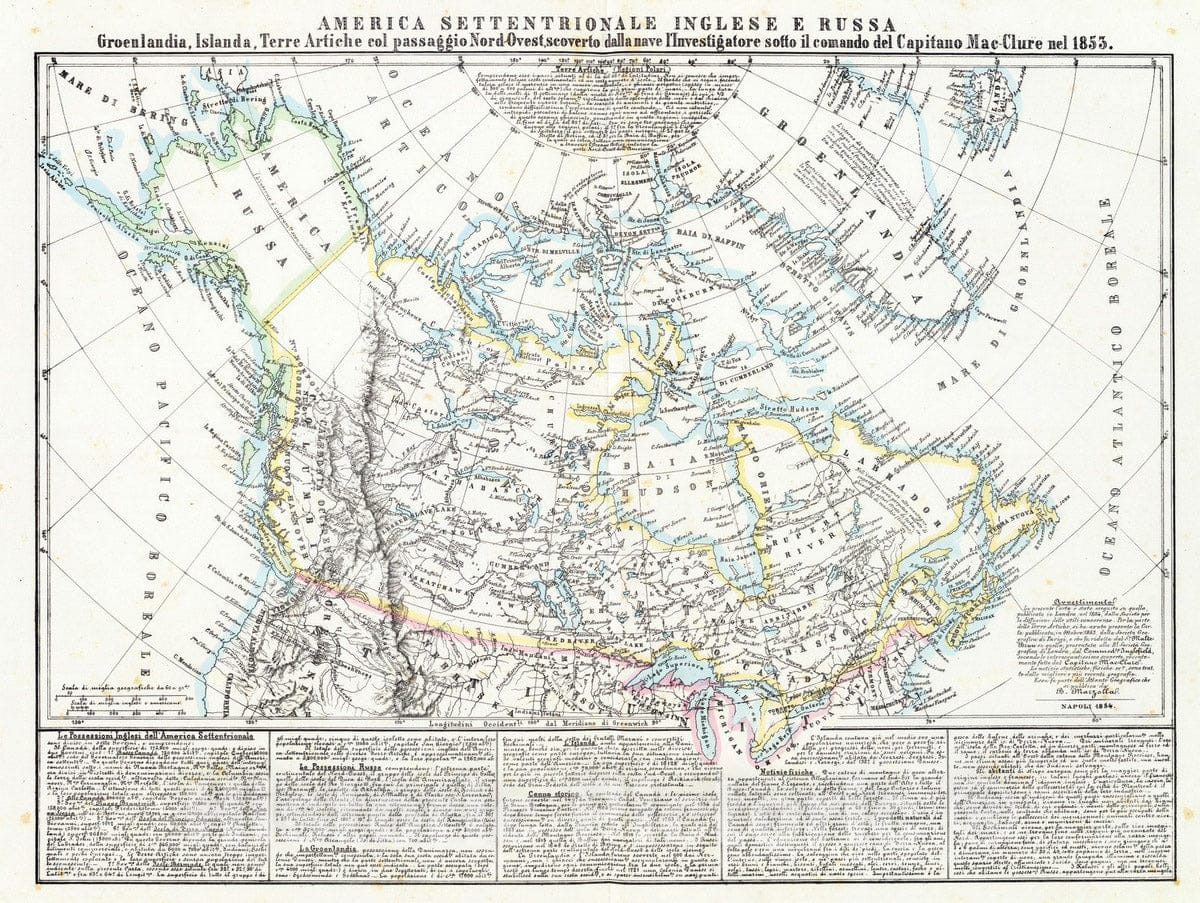 Historic Map : Canada; Greenland, Alaska, , North America 1854 America Settentrionale Inglese e Russa, Groenlandia, Islanda, Terre Artiche. , Vintage Wall Art