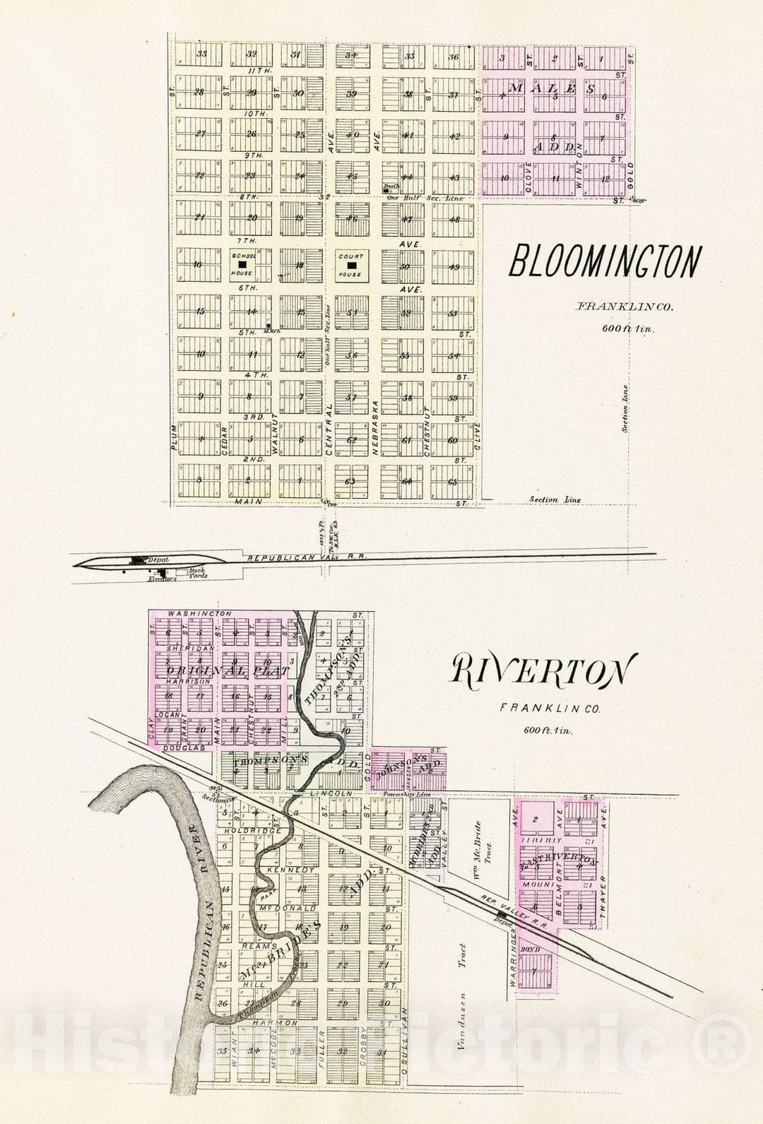 Historic Map : 1885 Bloomington, Riverton. - Vintage Wall Art