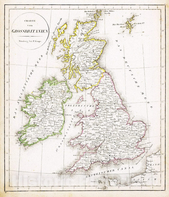 Historic Map : England; Ireland, British Isles 1822 Grossbritanien. , Vintage Wall Art