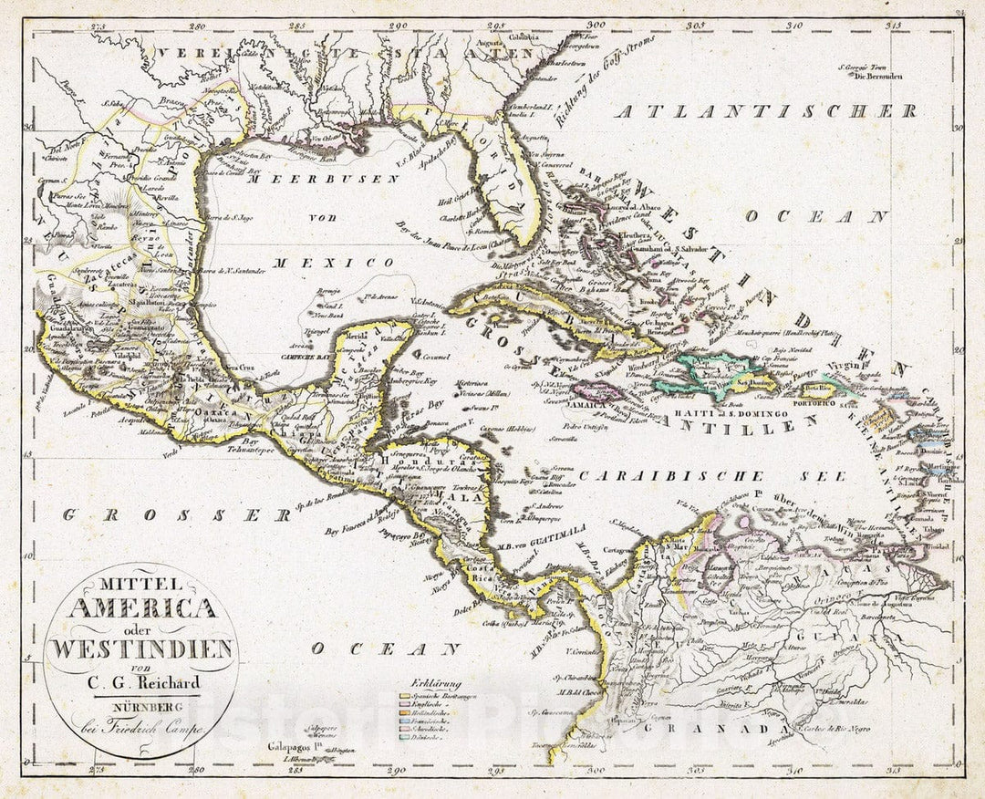 Historic Map : Caribbean Area, Central America; West Indies 1822 Mittel America. , Vintage Wall Art