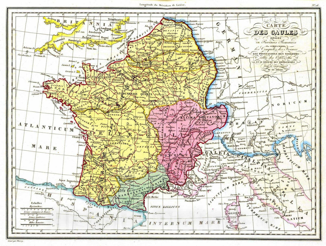 Historic Map : France; Switzerland, 1837 Carte des Gaules. , Vintage Wall Art