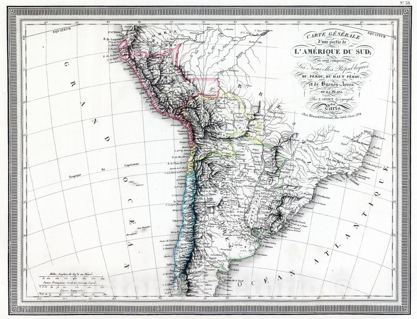 Historic Map : Chile; Peru, 1826 Carte Generale d'une partie de l'Amerique du Sud , Vintage Wall Art