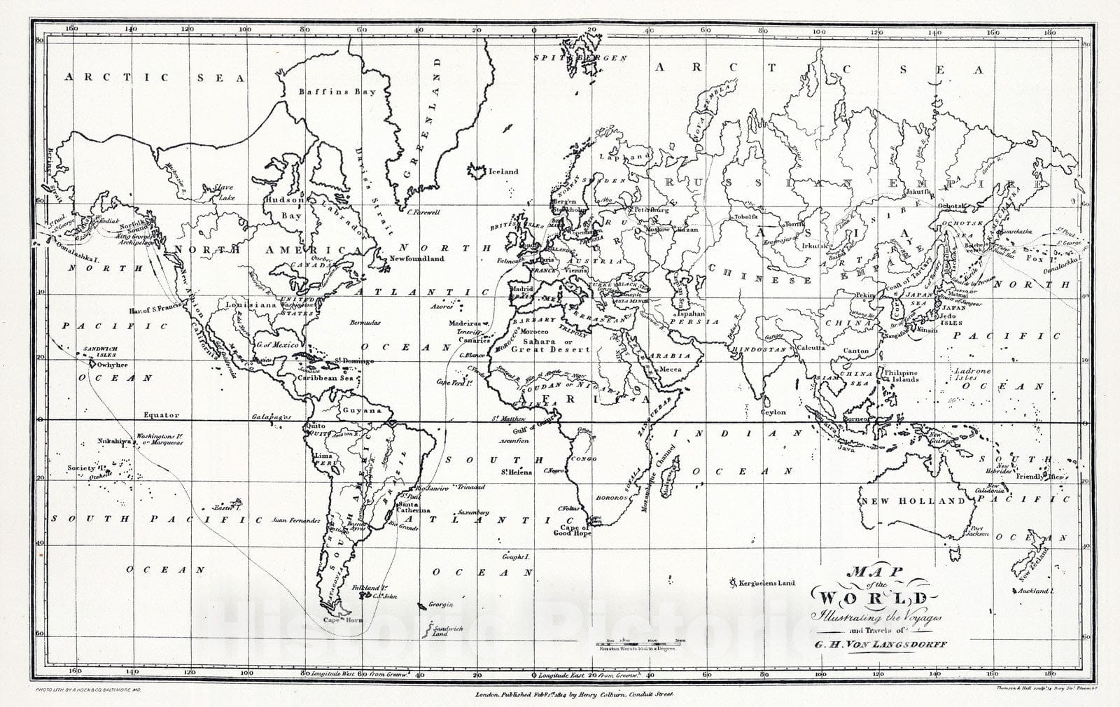 Historic Map : 1814 Langsdorff's Map of the World. - Vintage Wall Art