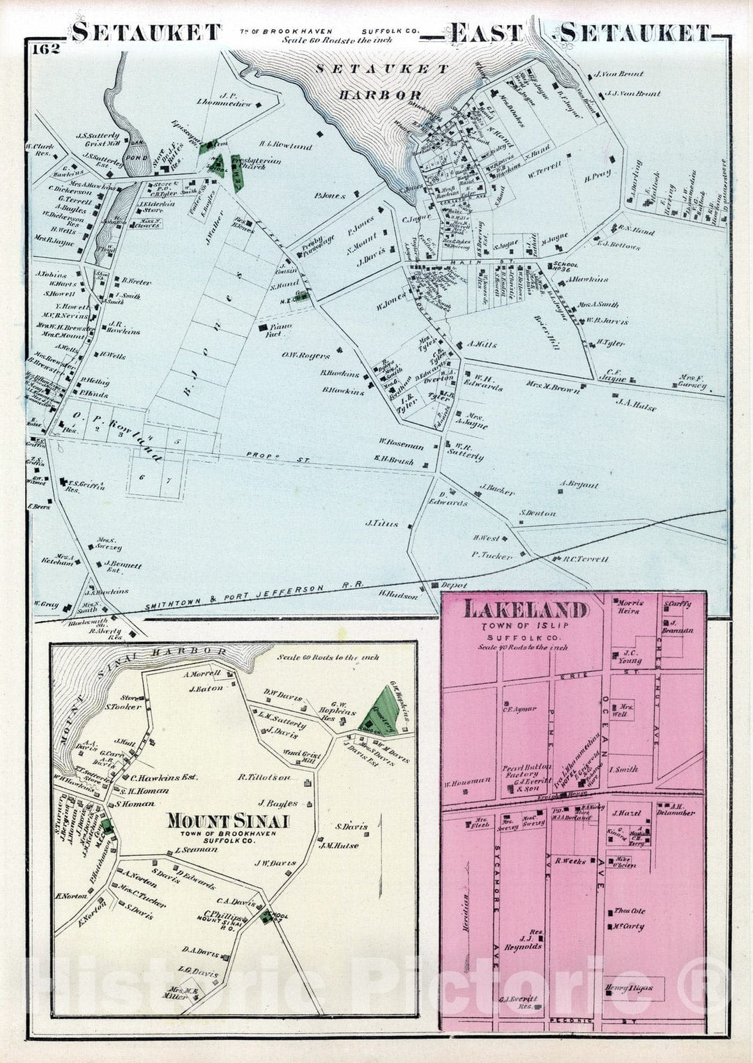 Historic Map : 1873 Setauet, East Setauket, Mount Sinai, Islip, in Brookhaven. Long Island. - Vintage Wall Art