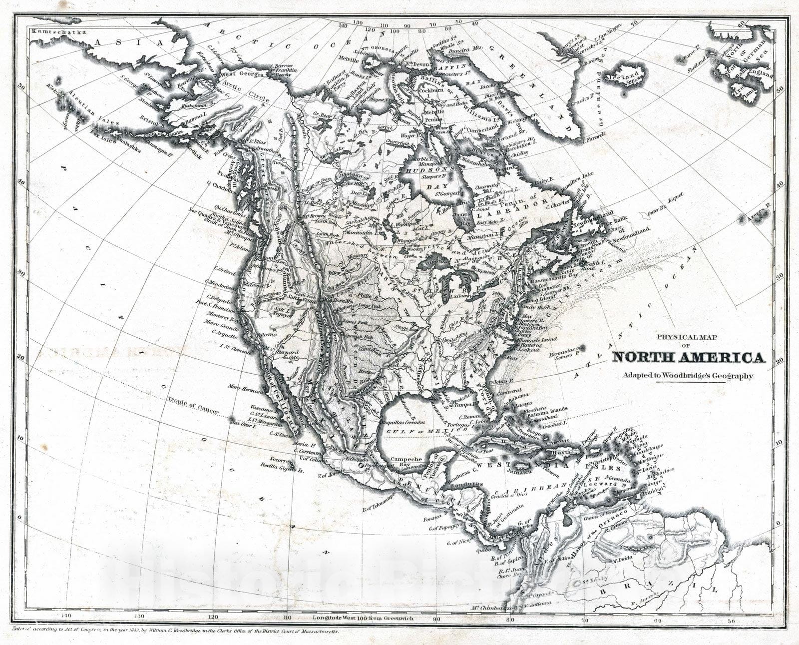 Historic Map : School Atlas - 1845 Physical Map Of North America - Vintage Wall Art