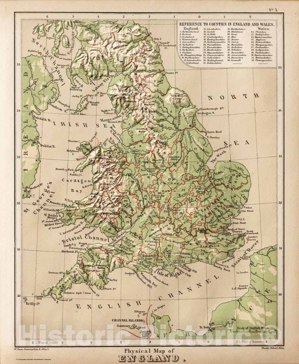 Historic Map : 1880 Physical Map of England. v1 - Vintage Wall Art